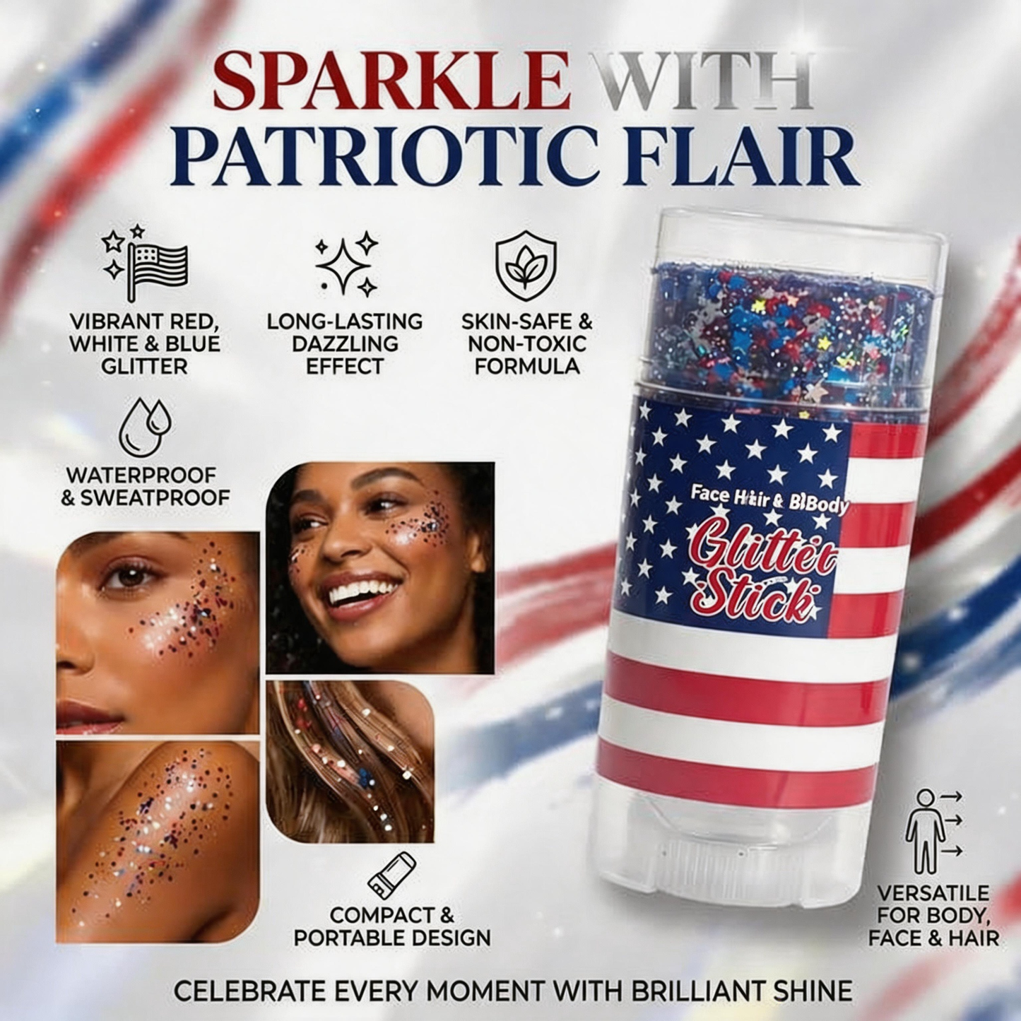 4th of July Glitter Stick| Red, White & Blue Body & Hair Sparkle for Independence Day Party,Festival & Fun Holiday Look