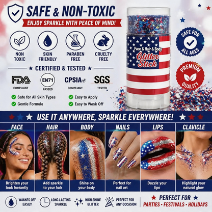 4th of July Glitter Stick| Red, White & Blue Body & Hair Sparkle for Independence Day Party,Festival & Fun Holiday Look