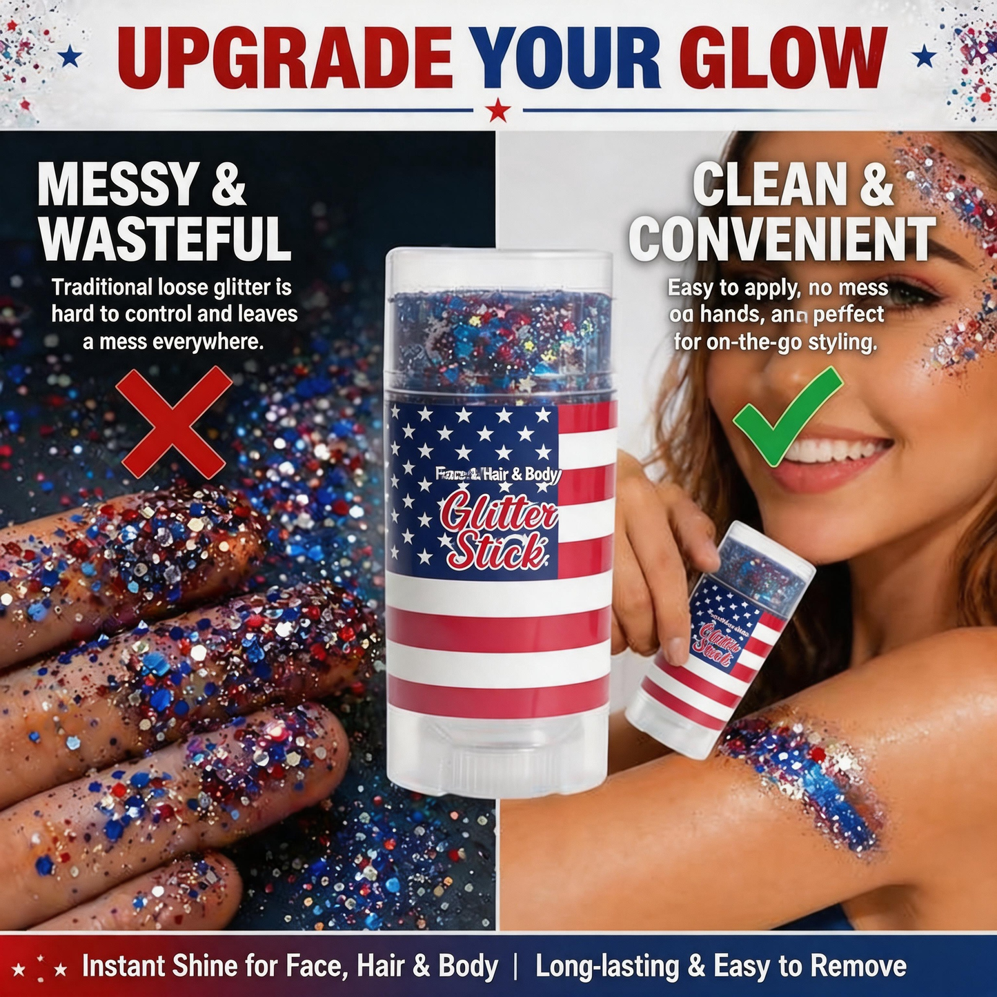 4th of July Glitter Stick| Red, White & Blue Body & Hair Sparkle for Independence Day Party,Festival & Fun Holiday Look
