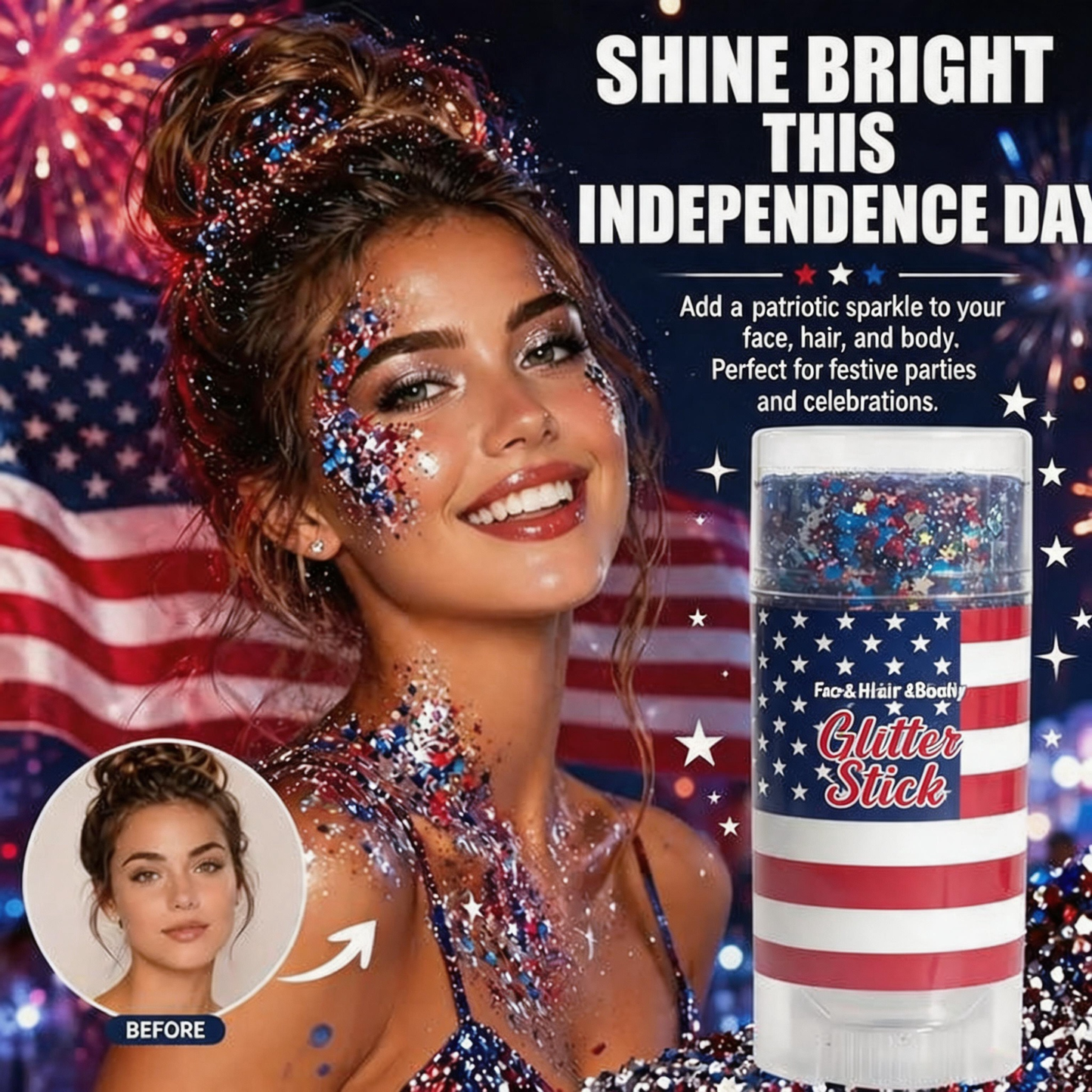 4th of July Glitter Stick| Red, White & Blue Body & Hair Sparkle for Independence Day Party,Festival & Fun Holiday Look