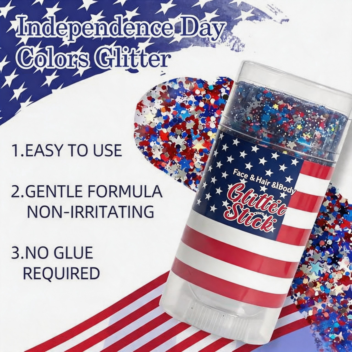 4th of July Glitter Stick| Red, White & Blue Body & Hair Sparkle for Independence Day Party,Festival & Fun Holiday Look
