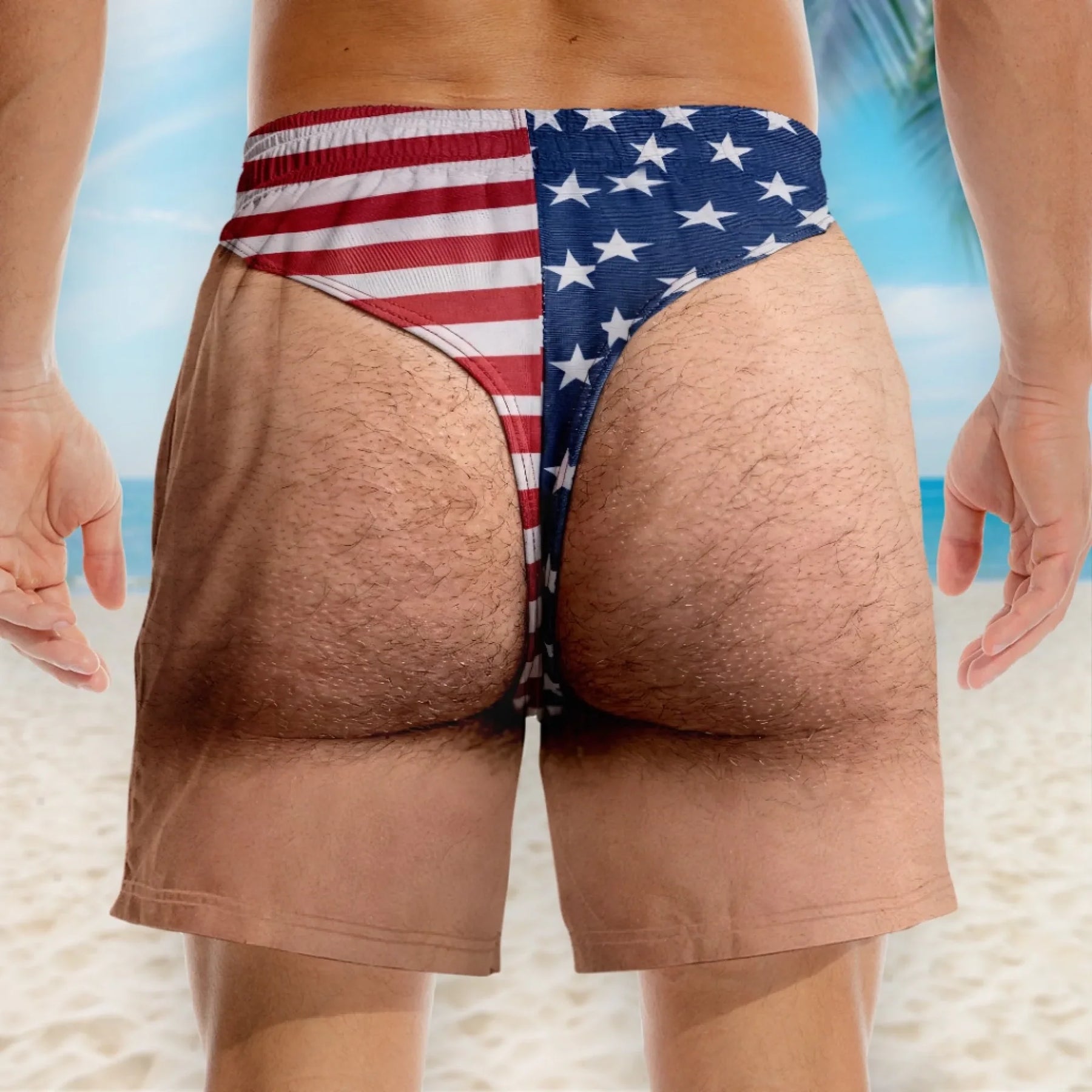 Humorous stars and stripes swim trunks