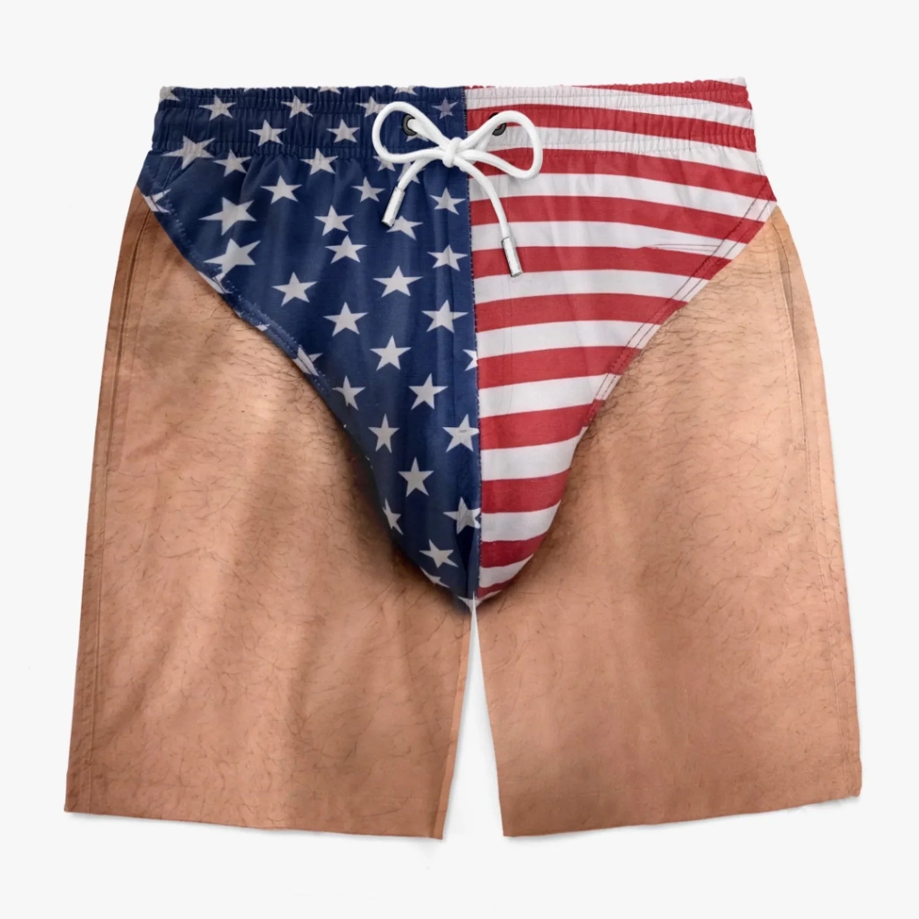 Front view of patriotic swim trunks
