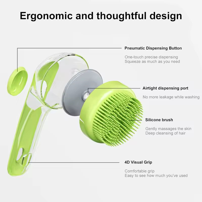 Pet Bath Brush with Shampoo Dispenser, Ergonomic Handle